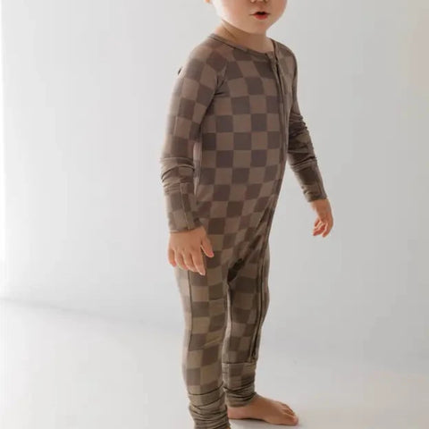 Faded Brown Checked Bamboo Zip Pajamas